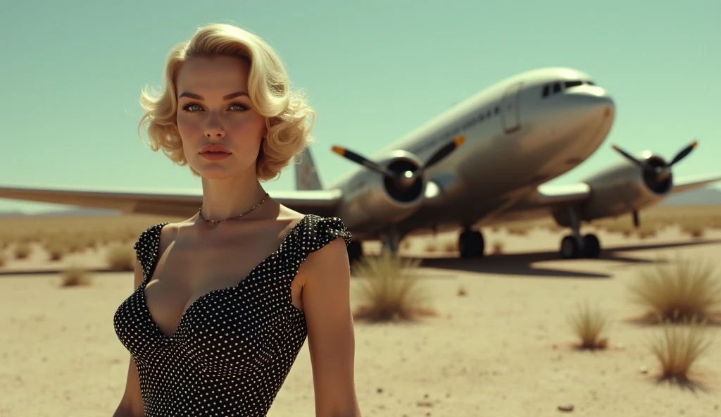 POV, Marilyn Monroe wearing a helmet posing for a photo shoot next to a large propeller engine of a 1940s military warplane, showing part of the breasts with natural spots on the skin, wearing an American olive green military uniform, breasts, military scenery at the bottom of a hangar, blurry, (highly detailed skin: 1.2), 8K UHD, dslr, soft lighting, high quality, grain film, Fujifilm XT3