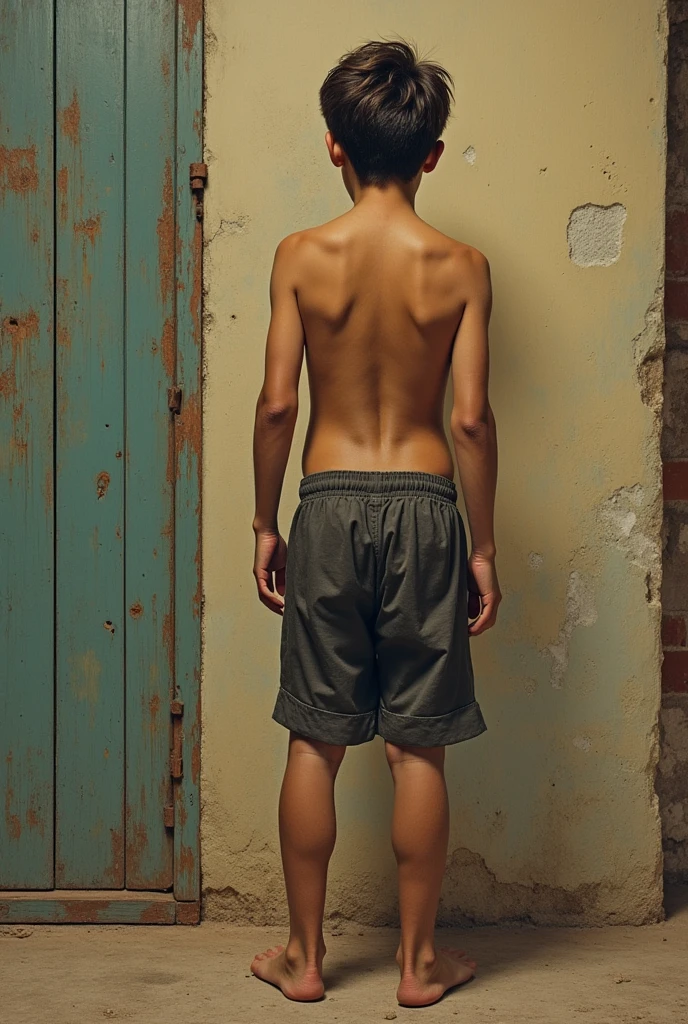 (best quality,4k,highres,masterpiece:1.2),ultra-detailed,(realistic,photorealistic,photo-realistic:1.37),HDR,portrait,13yo nude boy,light brown skin,(back view:1.1),(confident:1.1),(urban scenario:1.1),messy hair,(dynamic pose:1.1),vibrant colors,graffiti backdrop,street art style lighting,full naked body