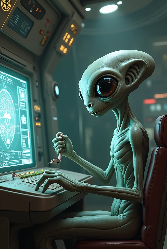 An alien adjusts a panel displaying data about human communication networks.