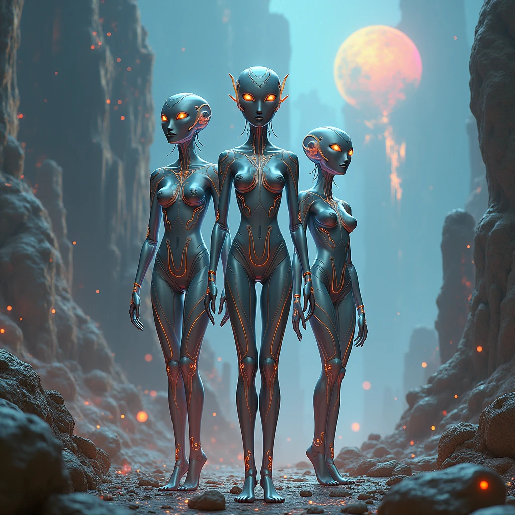 three aliens and humans are shown together in front of an orange sunset, in the style of psychedelic portraits, zbrush, sky-blue and green, mushroomcore, airbrush art, made of all of the above, ue5