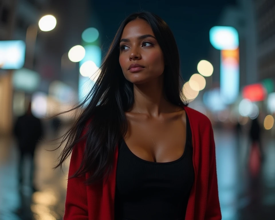 a RAW photo of a women stand, gorgias black tops, fashion,black hari,night viwe,street,portrait,silk blonde hair long,detailed eye,detailed skin texture,8k uhd, dslr, soft light, high quality, Fujifilm XT3 grainy films,