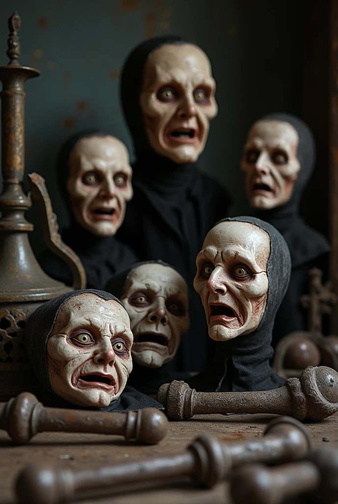 Fine matte painting, skeleton dark angel big wings haunted castle on drawing table full of knives, horror, spookiness, scary, secret horror, tentacles, vines, eyes, uncanny valley effect teeth, limbs, animals, blood moon