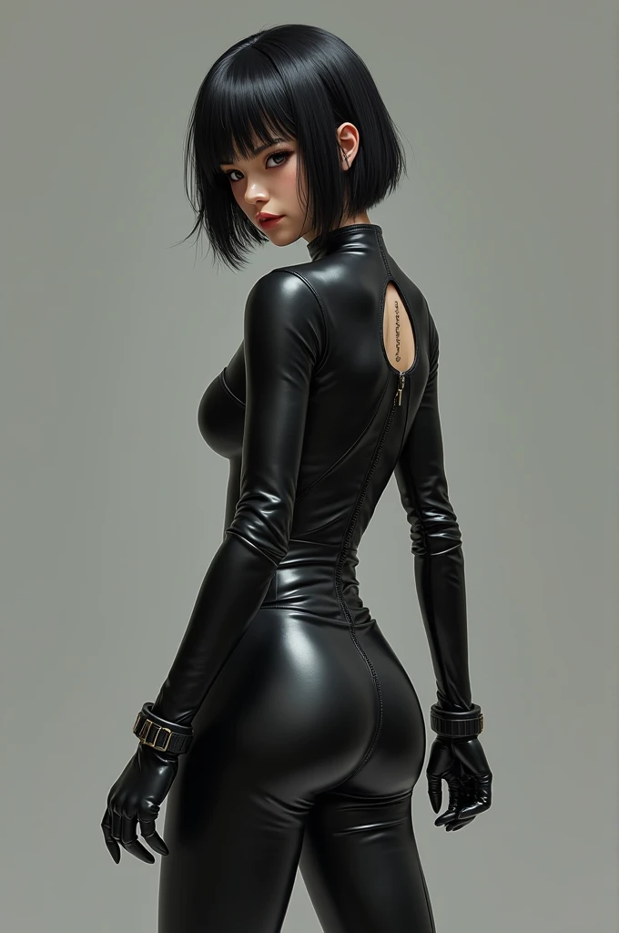 a close up of a woman with a black top and a skirt, wearing a black bodysuit, skintight black clothes, thicc, black top, wearing black tight clothing, black hair coving face, has messy bob haircut with long bands, very sexy outfit, wearing in black clothes, thick neck, 8k)), 1 7 - year - old goth girl, tight outfit,