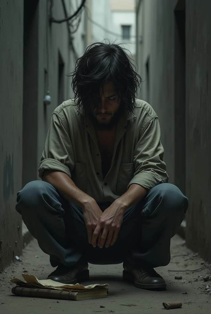 Create an image of a person sitting alone in a dimly lit, neglected space, appearing disheveled and in poor health. Show them smoking and drinking, with an expression of desolation and weariness. Their clothing should be untidy and worn, and the surroundings should reflect a state of neglect, such as a cluttered, unkempt room or a rundown outdoor area. Use muted, somber colors and low lighting to highlight their loneliness and deteriorating condition, capturing the sense of abandonment and decline.