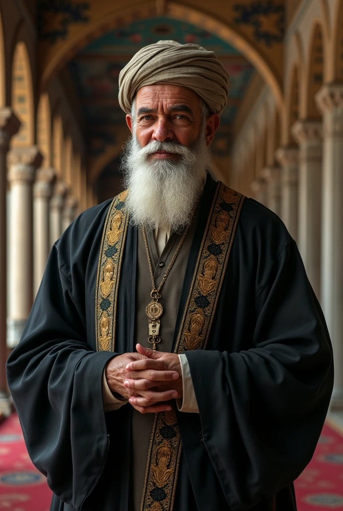 An avatar of a fake handsome sheikh character resembling our effendi in his fifties from ancient Egypt, wearing a red fez with a white thread hanging from it, a mustache covering his mouth and a very thick white beard, wearing a black shirt, a picture from the chest area