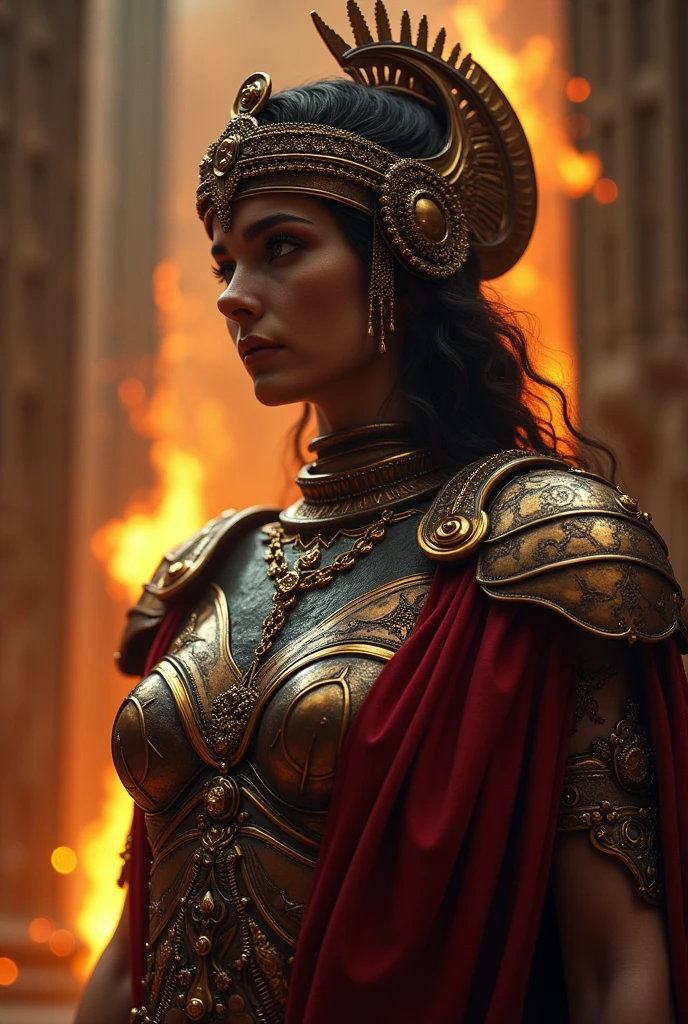 deusa da guerra, cabelos castanhos. mitologia celta irlandesa. Fury in battle. standing full body, vestes preta e vermelha de guerra. um corvo no ombro dela. fundo misterioso. estilo mito. poder e magia. mistic. medieval