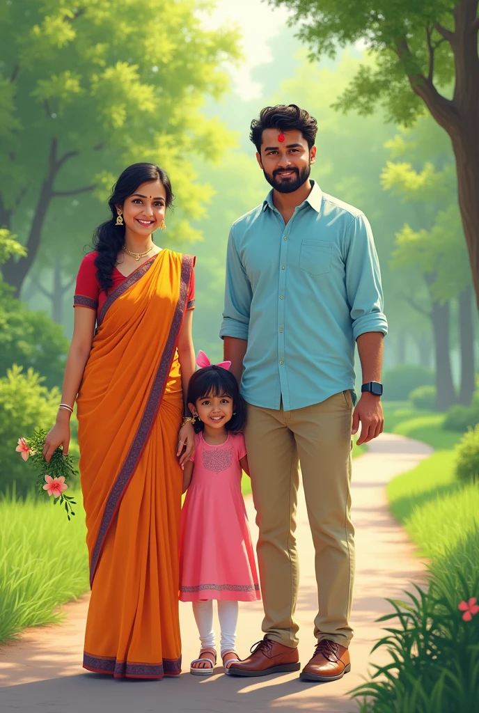 Tamil lean girl height 168 cm traditional green saree with mini kids and her husband height 170 cm white shirt