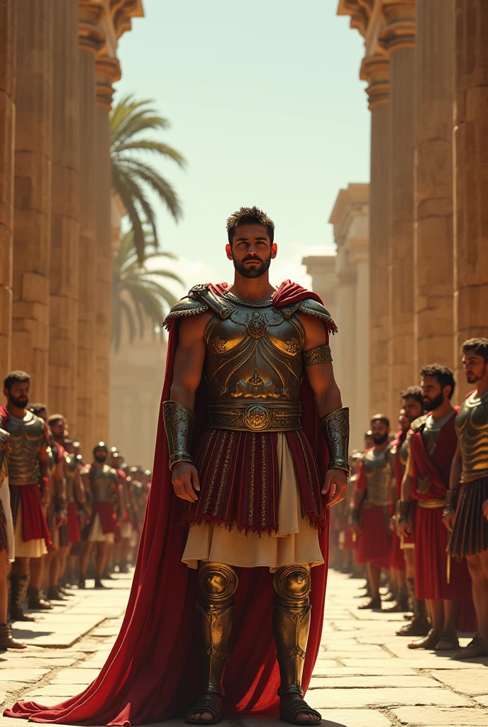 A cinematic photo captures a handsome 26-year-old muscular warrior of mixed Spanish-Korean heritage standing amidst the ancient desert ruins of the Sahara. He is adorned in intricately detailed combat attire that highlights his powerful physique. The surroundings reflect a majestic yet weathered palace carved into stone cliffs, with towering pillars and intricate carvings showing the passage of time. Golden sands sweep across the vast hall, where soft light filters in through gaps in the structure, casting mysterious shadows over the faded tapestries and worn mosaic floors. The atmosphere is one of ancient history, lost grandeur, and whispered secrets hidden beneath the desert’s endless sands.
