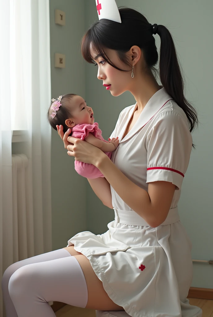 (top-quality、masutepiece、in 8K、Top image quality)、(1 nurse、Manteau blanc、Holding a )、(realistic and accurate baby:1.7)、(detailed and perfect baby:1.7)、perfect hand、(Very bright lighting:1.7)、(plain white nurse cap:1.5)、(Nurse's lab coat:1.5)、(White tight skirt:1.5)、Look at me with a smile、Perfect makeup、Looking at the camera、sitting in a bright hospital room、take a photo of her upper body、Breasts are big、Smile at me、The background is a bright hospital room)