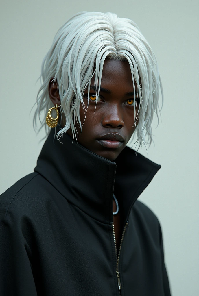 boy, white hair, black eyes with white pupils, dark-skinned, defined, chains around the arms