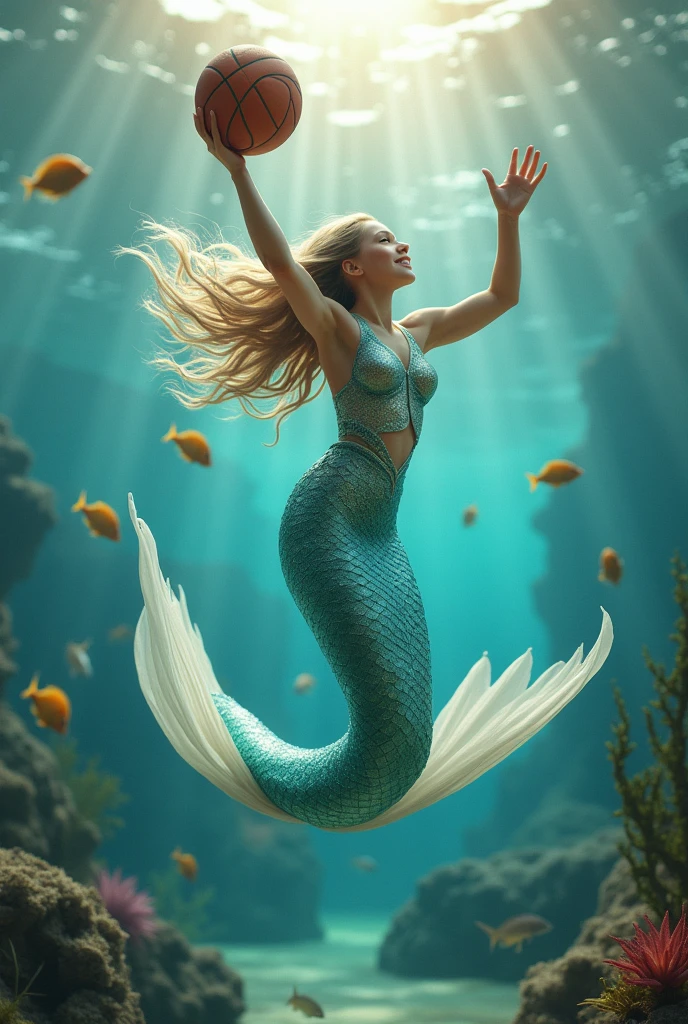 A mermaid swimming gracefully at the bottom of a fantastical sea