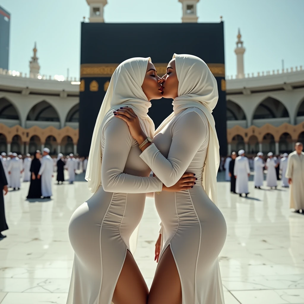 sexy syrian woman as two sexy nun girsl sitting on a fence. tight intricate short dress costume. skirt. crop top. thighs. slender body. inside dark cathedral. dark background. hugging and kissing with a blonde girl. sparkly eyes. wet.
