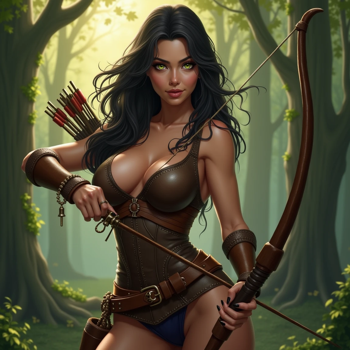 Attractive female archer, huge breasts, standing in the forest, dark hair, long hair,, green eyes, Sparkle, High Details, wet, brown leather armour, longbow in hand, arrows in quiver