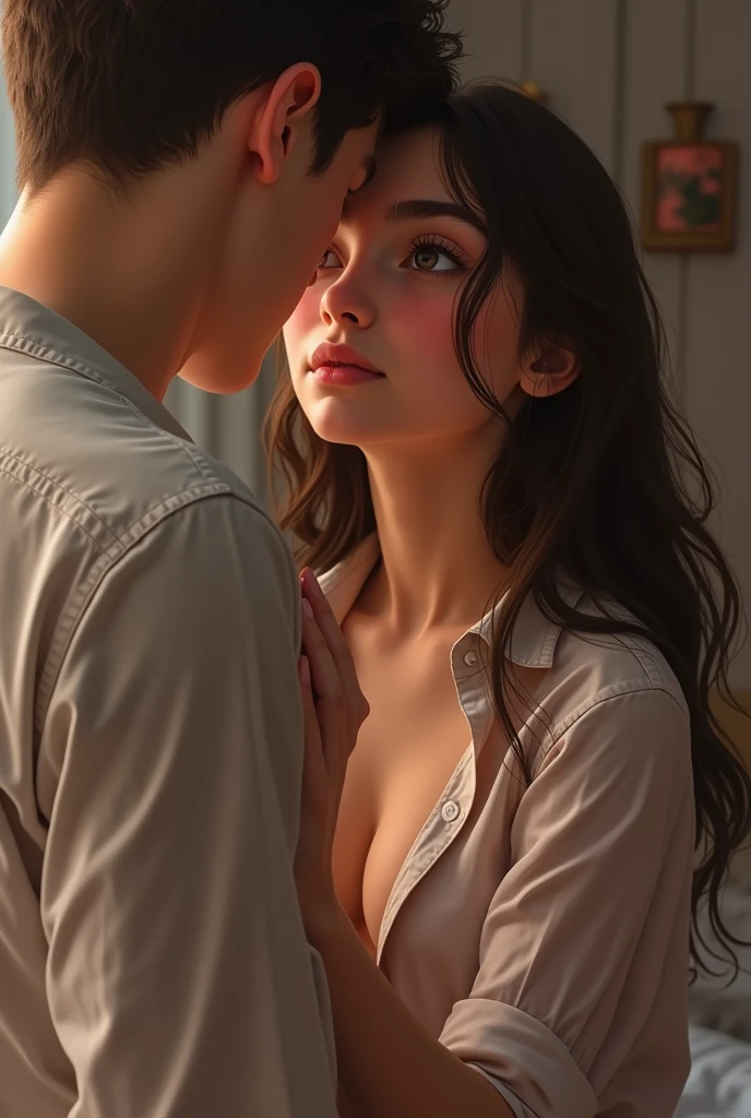 ultra real image , two lovers in school, young boy and teacher in school, romancing in the class table. the girl is wearing plain blue sheer transparent simple sari, young boy is pressing her breast with his hand, she is not wearing bra, boy is wearing uniform, young boy is hugging from behind nsfw ((nsfw 1:5))