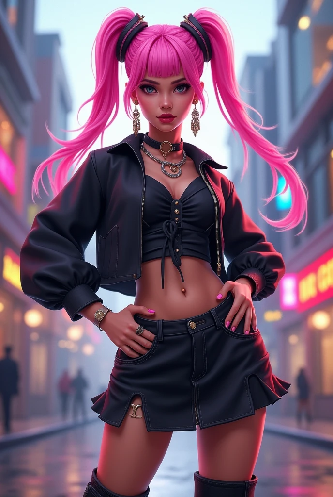 a sexy beautiful female sailor soldier with long purple hair, big eyes,detailed face, full lips, athletic build, wearing a short skirt with high boots, posing confidently, in a dynamic urban hiphop style setting, neon lights, graffiti wall, moody dramatic lighting, vibrant colors, cinematic 8k, conceptual art, digital painting