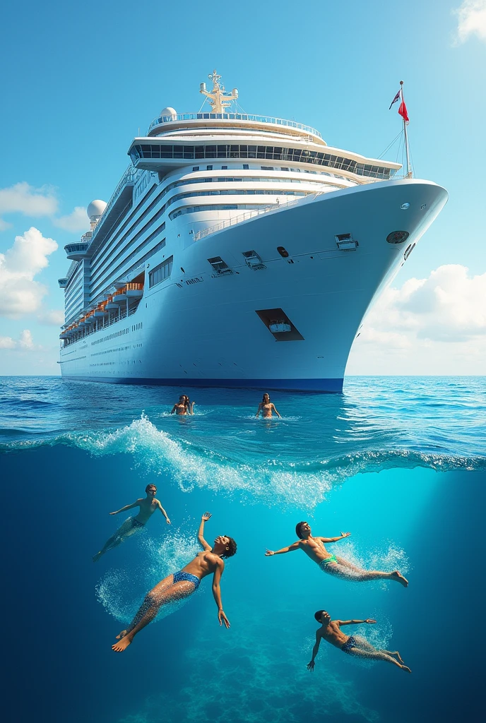 Huge cruise ships from a long distance， girl in bikini playing by the resort beach