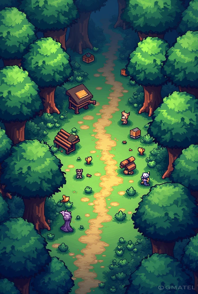 Pixel forest 16x16 resolution In 2 dimensions as if it were an mmorpg game and shot down from the sky at a 90-degree angle 
