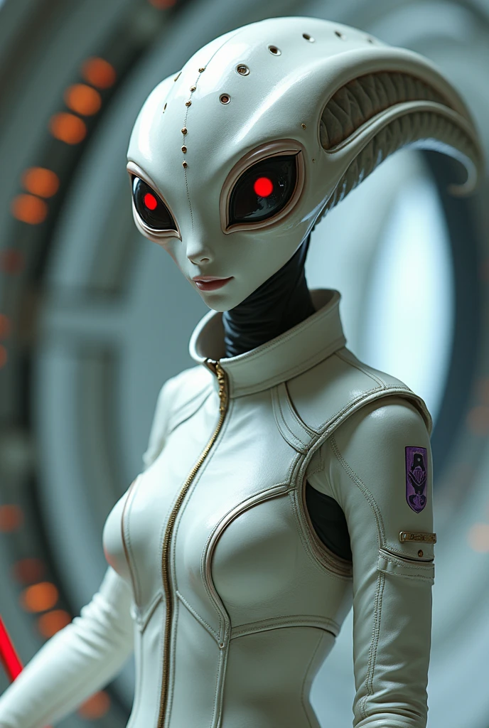 (an alien female 12 years old character:1.2) with white skin, tottaly black and big eyes, and an otherworldly aura, the background is the cockpit of a spacecraft