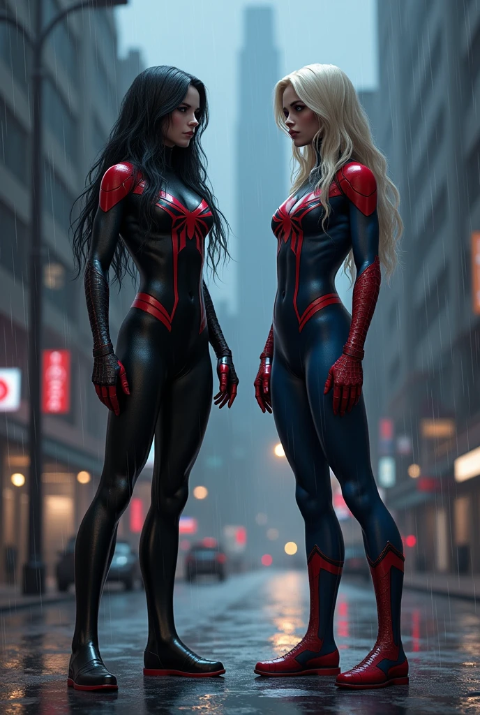 (((BIG ASS))) blondie girl, black girl, Latin girl, Japanese girl, brunette girl, redhead girl in a Spiderman multiverse, each one of them is a (different version of Spiderman), ((skinny)), slim thick, small waist, (ultra-detailed faces), 8k