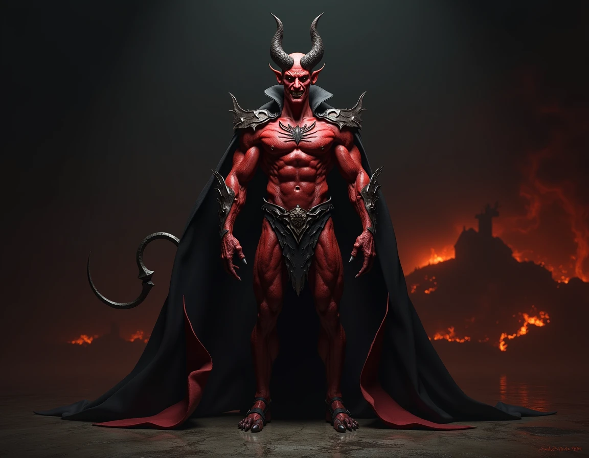 Create realistic image of all red devil with big horn, man's body of 1,80 tall weighing 80 kg, thin and the setting is a candlelit cathedral