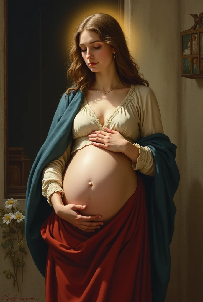 Our Lady Mother of Jesus is pregnant, meets Eve naked in the garden of Eden, Eva touches our lady's belly and in her other hand she holds the apple. our lady touches eva's forehead blessing her, Our Lady stepping on the serpent's head