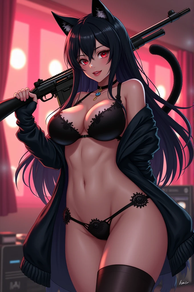 ((Long Straight Black hair)), Perfect face, Choker, Punk earrings, ((Tall)), ((High Quality)), Necklace, ((Mature)), Pretty Eyes, Sharp Nails, Bangs, ((1 Girl)), Hot, ((Multiple Earrings)), Natural Tits, 1 girl, Beautiful, Sexy, Spiky Earrings, Adult, Spiked Collar, Thin Eyelashes, Plain Background, Red Colors in Background, Black Eyes, Black Clothes, Lewd, Orgasmic, Horny, Dark Colors, Close Up, Hair Strands, Black Thigh Highs, Completely White Background, Slender Body, Cat Girl, Long Tail, Large Tail, Massive Tail, Black Tail, Long Body, ((Black Bikini)), ((Unbuttoned Shirt)),
