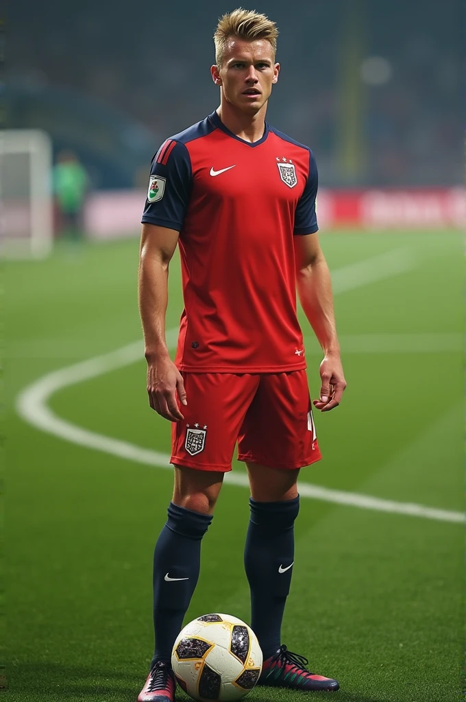 blond man de 16anos uniforme de jogador de futebol、knee high socks、Brown hair soccer field uniform wide、spread their legs, ripped white underwear showing penis、tight uniform mature look、The shape of the penile area is clearly visible、no underwear、blond man ((erect penis showing))