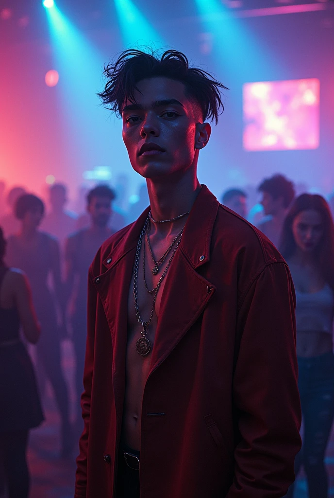 Cantor Harry Styles em uma boate cintilante, wearing a tight, low-cut white tank top, with a close-up on the seductive lines of his chest and the neon lights reflecting on his body, highlighting its charm and the vibe of the night.