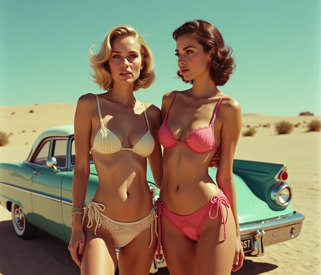 masterpiece, photorealistic, 1954 epic poster ,1 beautiful and sexy woman, beautiful body, perfect body, weraing a swimsuit and high heels shoes, wearing luxury sun glasses, standing next to Lincoln car, sexy pose, dynamic pose, background is NYC, Manhattan street, golden hour, cinemetic light, highly detailed, intricate detail, analog film,Agfa,50mm