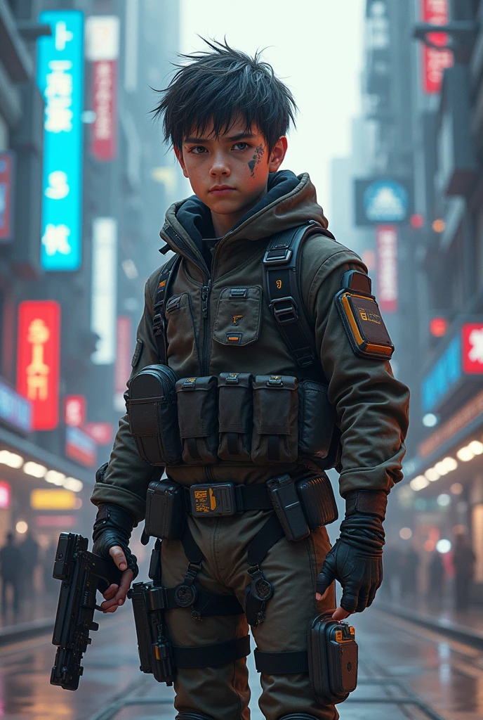 Best Quality, (Masterpiece: 1.5), (Ultra Detailed), (High Quality: 1.3), (High Resolution), (Ulzzang-6500-v1.1:0.4), (Exoskeleton: 1.2), 1 Boy, Science Fiction, Solo, Weapon, Gun, Belt, School Uniform