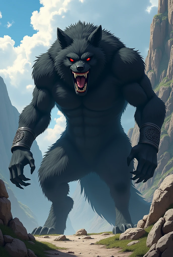 An imposing creature about five feet tall at the shoulders. Its athletic and muscular build is covered in black fur, absorbing the light around it. His eyes are large and white, without pupils, emitting an opaque glow that seems to penetrate the soul of whoever looks at him. The claws and teeth, sharp as blades, are a contrasting white. The fur around his chest is partially missing, revealing an area where shadows stir and move hypnotically. His body appears to be an extension of the shadows, making it difficult to discern where he ends and the darkness begins. When it smiles, it displays bright, irregular teeth emerging from the darkness of its snout.