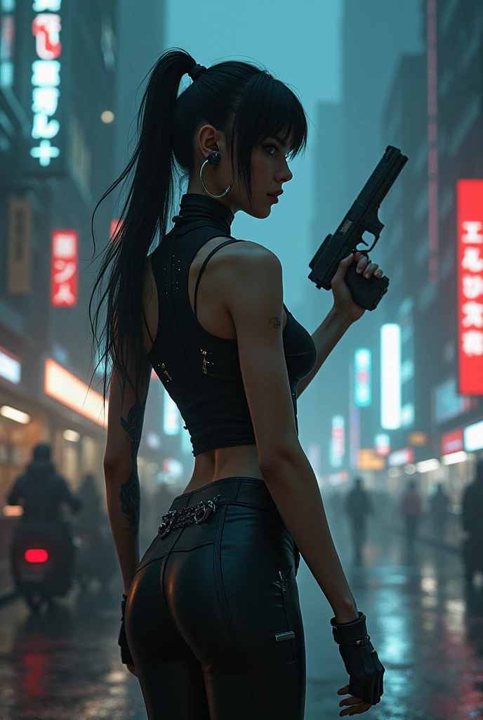 Close-up, a beautiful French woman, tattered clothes, wild long hair, tattered clothes , cleaveage, action movie scene, Dystopian Dinner Cinematic Blade Runner, natta, busy with neon signs, blade runner aesthetics, film cinematography, gangue trash, attractive person, High emphasis on detail, wearing weather technology equipment, gangue trash, full of life, gangue trash, action movie shot by Kon Satoshi, style semi impasto, dark ink, Atmospheric, Ablaze, lighting dramatic, Beautiful eyes, symmetric eyes, perfects eyes. Matrix style, (((Matrix cascading code))), (((a futuristic twin tower skyscraper with a unique twisted design))), (((OLED GUI interfaces in the building))), at night, (((((((1girl, alone, solo))))))), photo realistic, (((((((large-breast:1.2 slim body, cleavage:1.4))))))), (((((off broken mini sling-shirt and black sling bra, extreamly short pleated miniskirt exposing panty))))), (((((running pose))))), (((((((matrix style black micro sunglasses))))))), ((((((((((aiming with a short gun)))))))))), (((((looking at camera))))), (((very low view))), (((((half-body thigh level medium shot))))), (((cinematic lighting))).