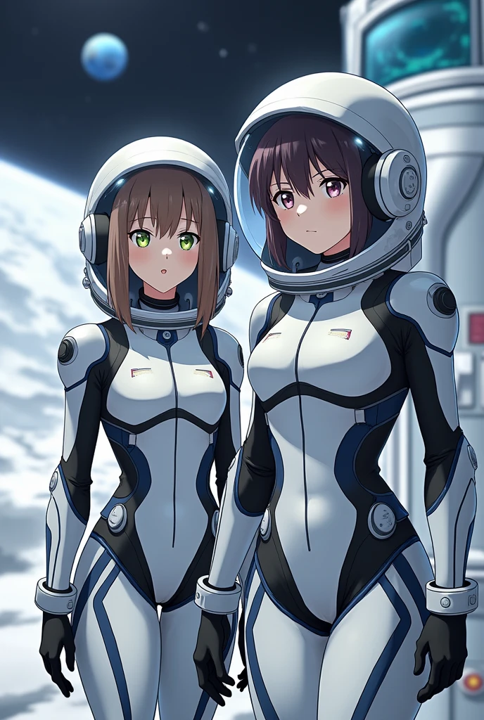 (spacesuit:1.15), white cargo pants, astronaut)bubble helmet, space helmet , , looking at the audience,\ indoors, masterpiece, best quality, 2girl, two girl, tits, , ,, short hair, , red eyes, from side