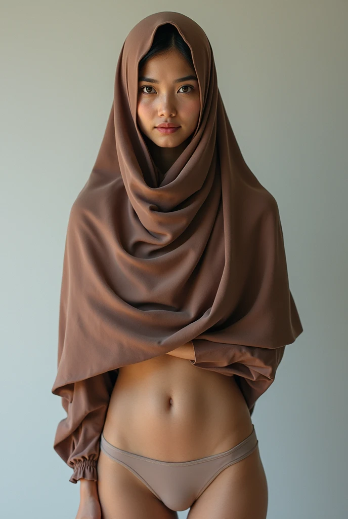 8k, hyper resolution, extremely detailed, A highly detailed, full-body 3D rendering of a realistic naked chinese young girl and only wearing a hijab with accurate face. She is nude and standing confidently showing sexy body, badroom background, drawing attention to its cheerful and elegant appearance. Her skin is smooth, naturally glowing and healthy, and her eyes are bright and expressive. The overall style is a mix of realism and a hint of cartoon features, giving it a lively look. use soft photography lighting