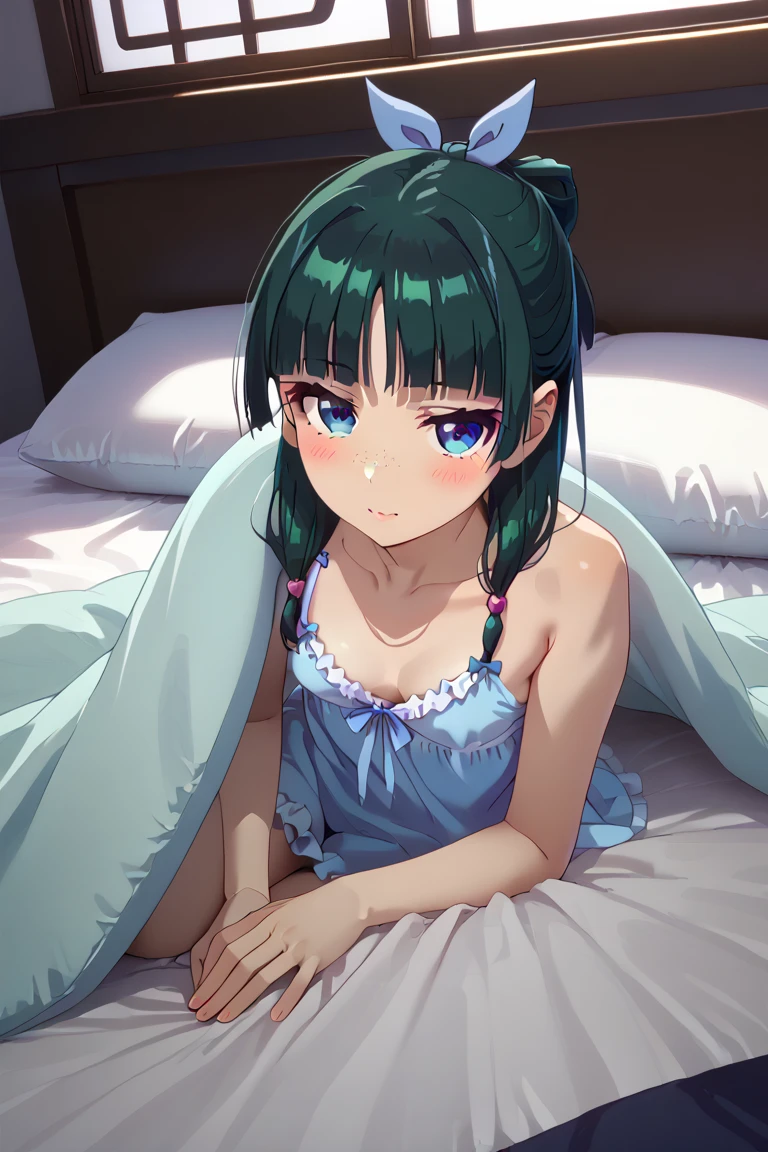 1girl, default hairstyle, hair bun, hair ribbon, blue ribbon, sidelocks, blunt bangs, hair beads, half updo, low twintails, hair over shoulder, freckles, small breasts, pale skinned, petite    dynamic angle, takeda hiromitsu style,    skinny, petite body, cleavage, looking at viewer, bed invitation, on bed, on side, pillow, under covers, dimly light, nightgown, night, windows, bedrrom, naughty face, blush, 