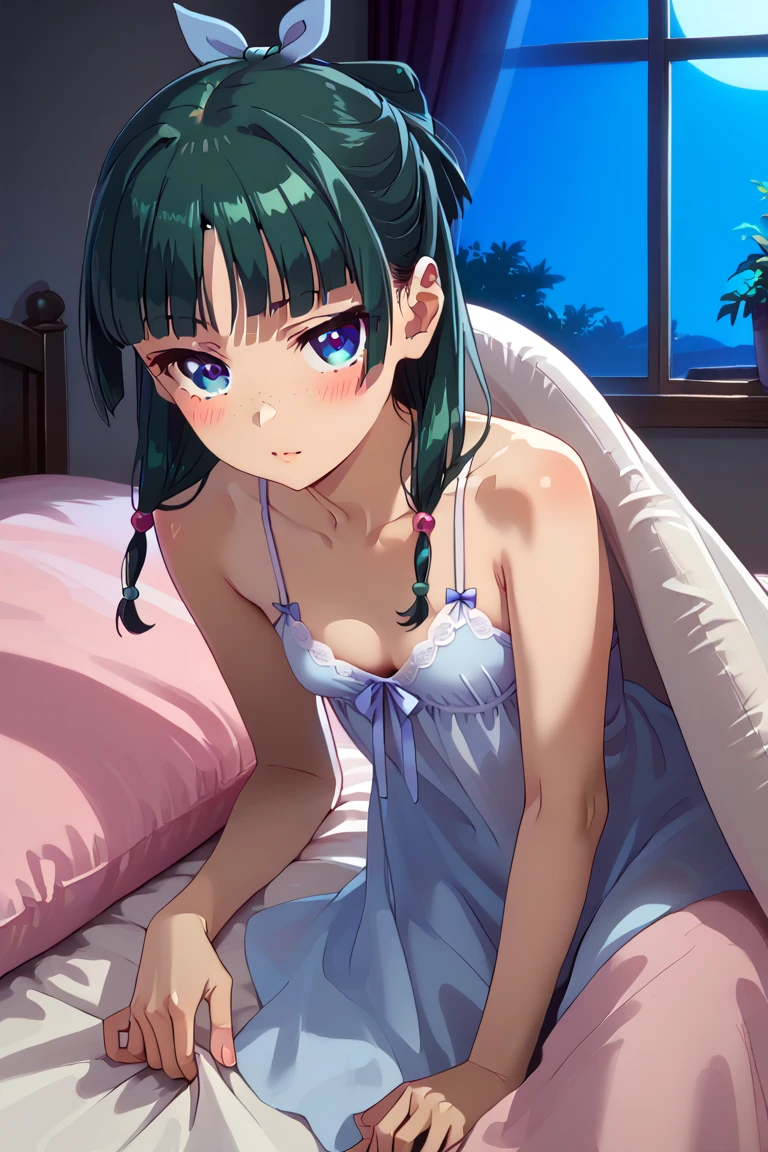 1girl, default hairstyle, hair bun, hair ribbon, blue ribbon, sidelocks, blunt bangs, hair beads, half updo, low twintails, hair over shoulder, freckles, small breasts, pale skinned, petite    dynamic angle, takeda hiromitsu style,    skinny, petite body, cleavage, looking at viewer, bed invitation, on bed, on side, pillow, under covers, dimly light, nightgown, night, windows, bedrrom, naughty face, blush, 