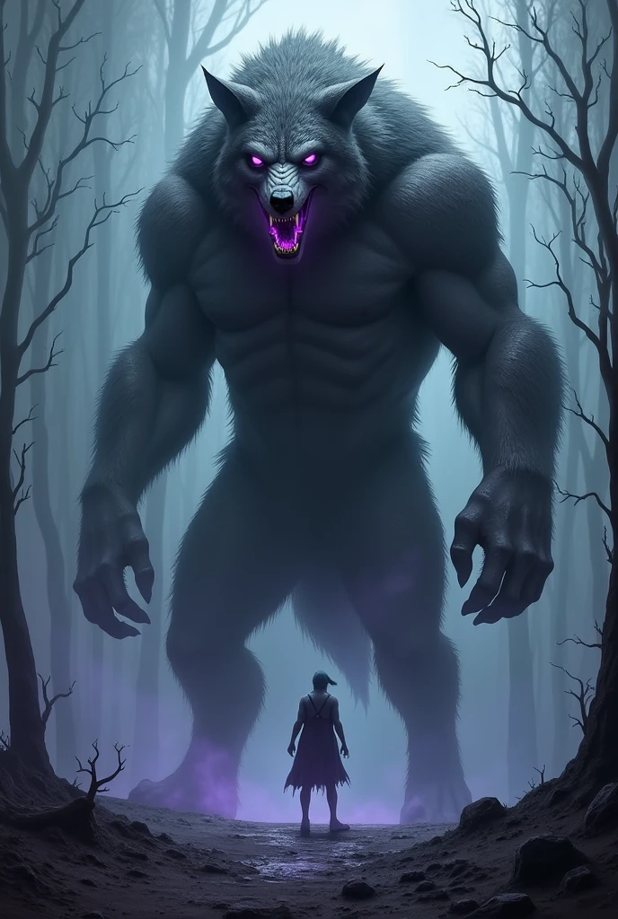 Alpha Fenrir, 13 foot humanoid werewolf, no shoes, glowing red eyes, muscular built, abs, furry, grey and black fur, ght, full moon, werewolf, huge dick, huge dick, looking down at a tiedbu