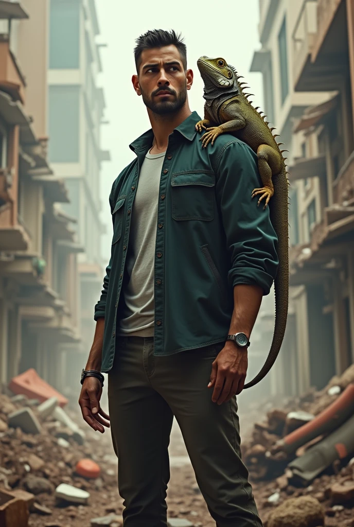 Frog wearing black t-shirt roughing aman with dirty white t-shirt
