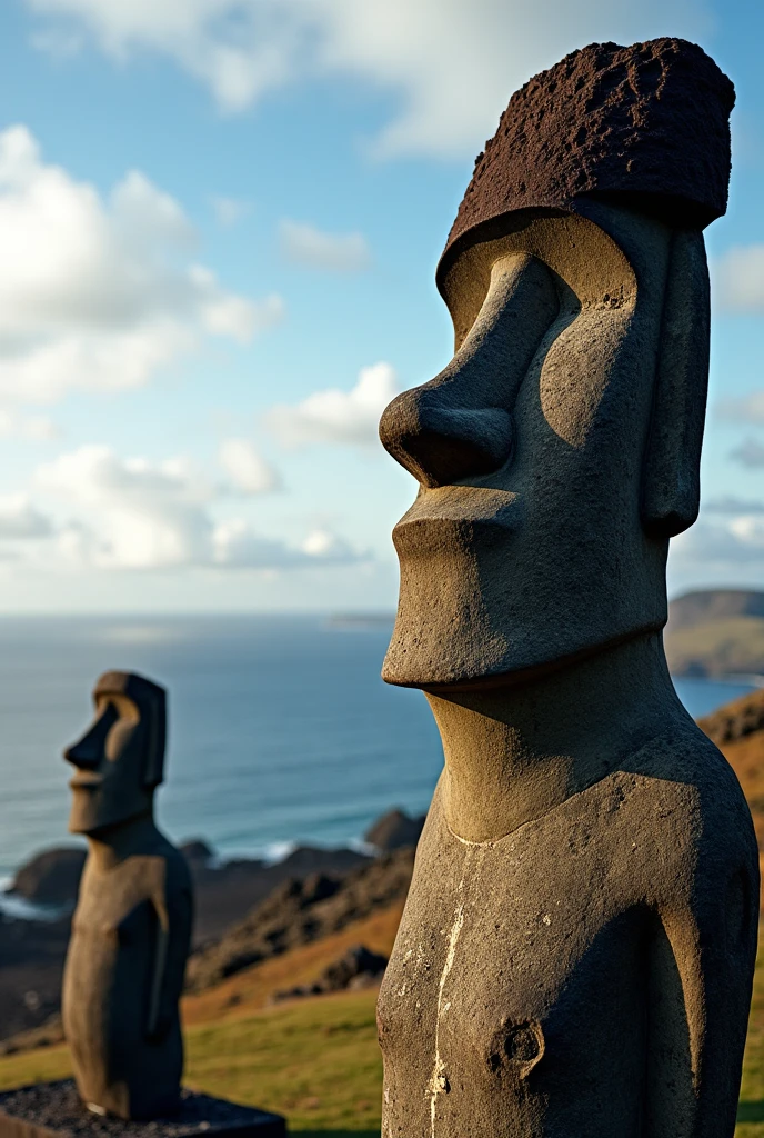 Realistic photo of moai statues with a face resembling Pharaoh Akhenaton