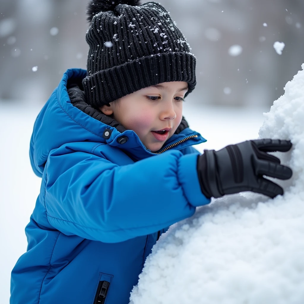 A boy making a snowman