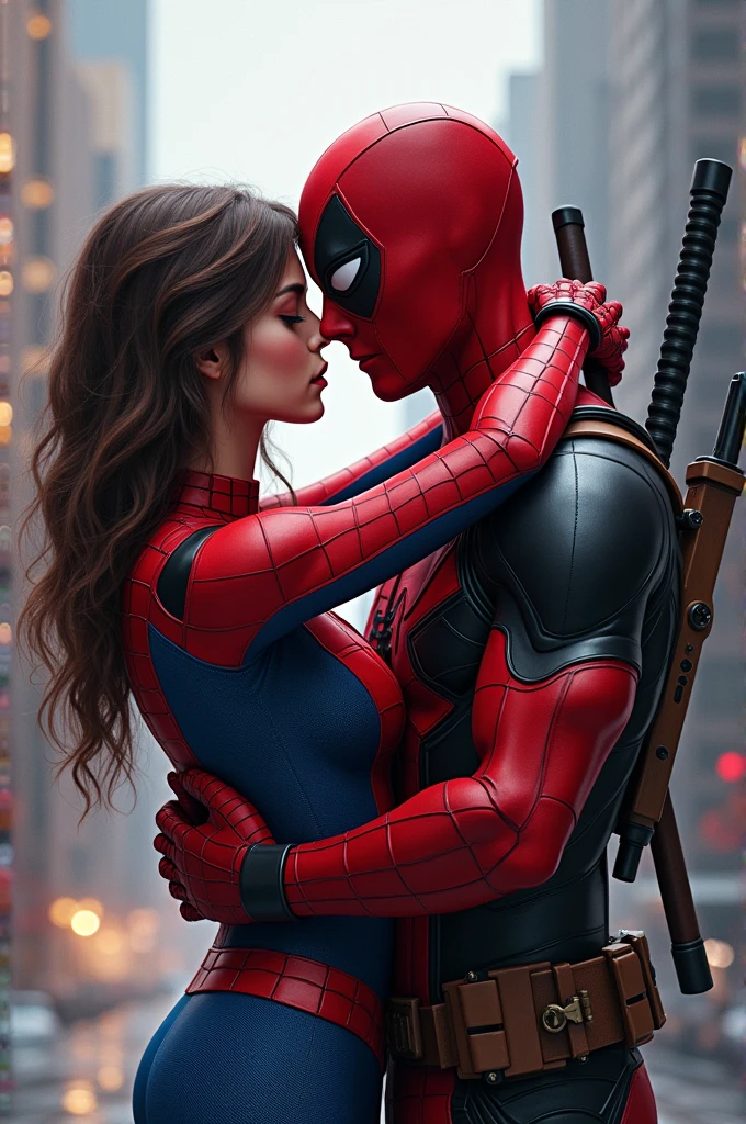 Deadpool and Spiderman in their underwear, feeling very horny and kissing each other 