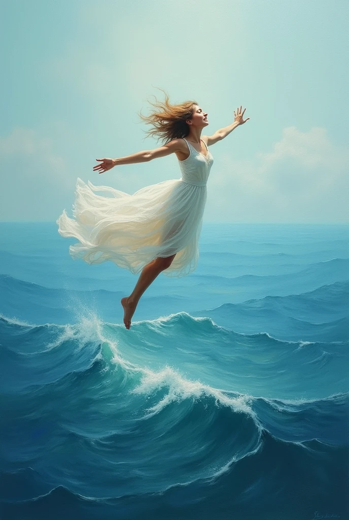 Bold Expressionism, Energetic Impressionism, Ballet in the ocean, Powerful movements, Graceful elegance, Fluidity and agility, Embracing the waves, The Little Mermaid, Dance of the Waves, Powerful Ocean, Underwater ballet, Slow-motion capture, Aerial view, strong front light, soft sidelight, dramatic backlight
