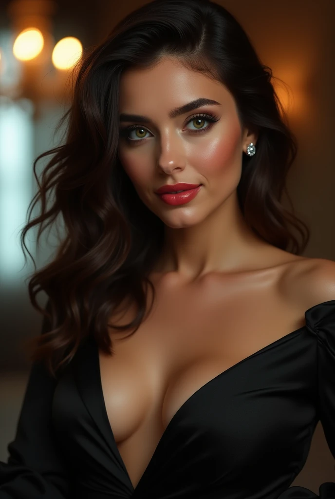 Create an image of a stunningly beautiful perfect sexy Irish girl, Stunningly gorgeous beautiful perfect sexy face, perfect makeup, lipstick, curved eyebrows, long luscious eyelashes, black eyeliner, long luscious hair, seductive eyes, hour glass body figure, natural breats, showing clevage, long sexy dress,