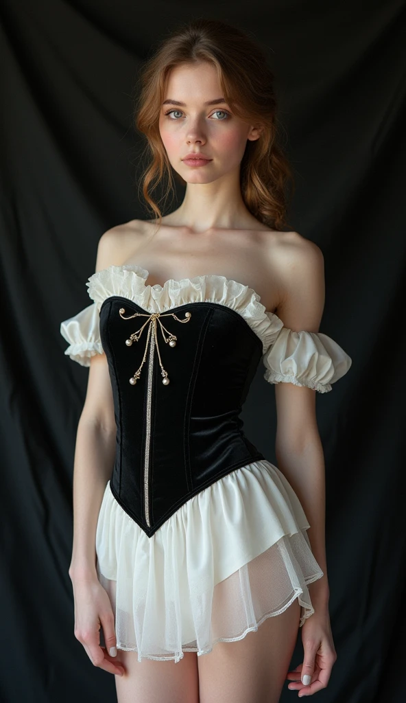hair ornaments、corset diagram、whole body、Photo taken from below、one beautiful maid、((blonde upstyle hair))、indoor