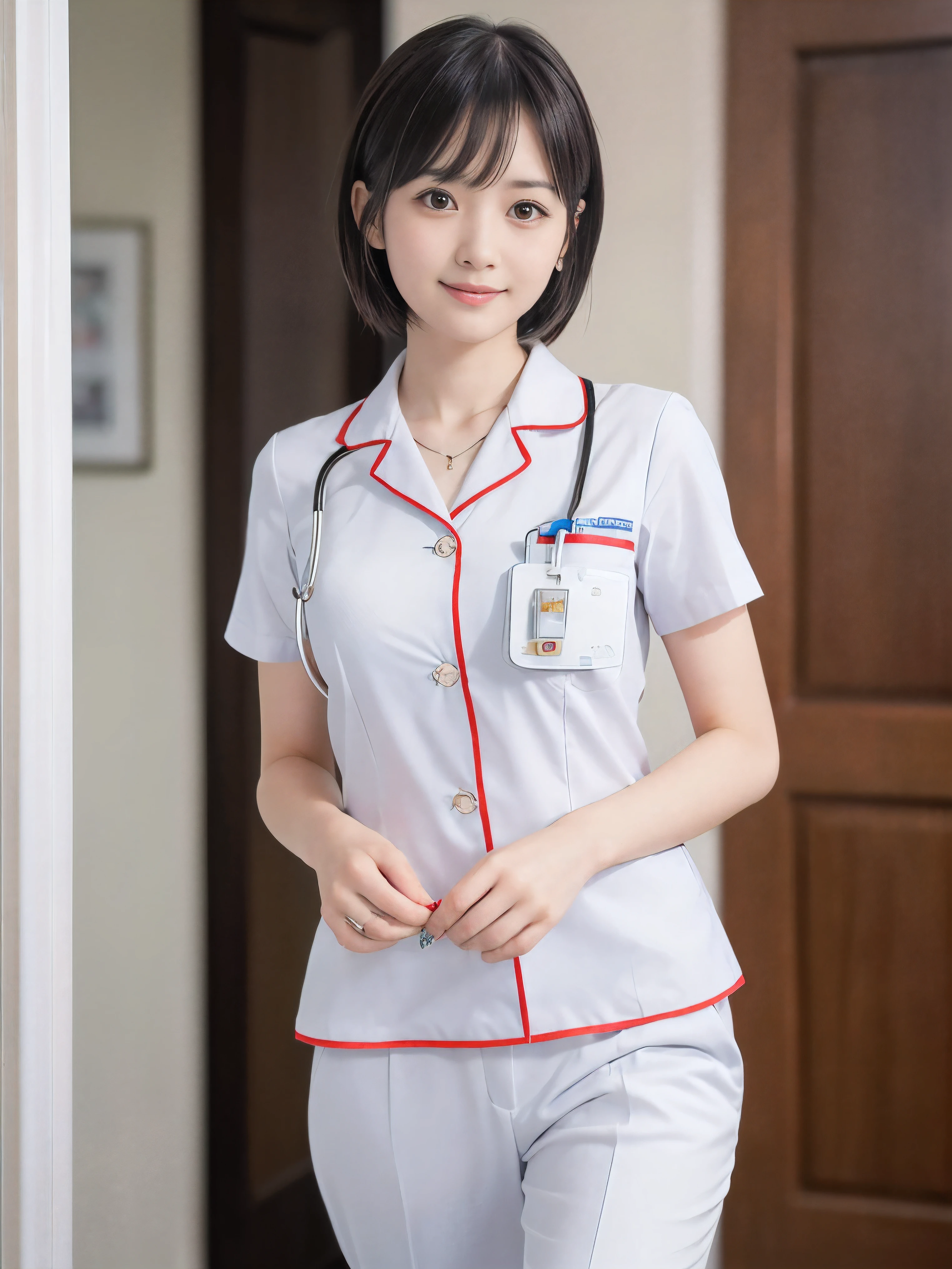 (Close-up face shot of one slender small breasts two side up black medium hair with bangs girl in a white nurse long pants uniform :1.5)、(One nurse is walking with hold the file book in arms in the hospital glass corridor with small smile:1.5)、 (blurred background:1.5)、(High-key photo:1.5)、(Natural light:1.5)、(8k ultra detailed master piece:1.5)、(perfect anatomy:1.5)、(Photorealistic stick:1.5)、(Raw photo:1.3)、(highest quality:1.5)、(High resolution:1.3)、(Delicate and beautiful perfect face:1.3)、(Delicate and beautiful eye air skin:1.3)、(Real Human Skin:1.3)、((thin legs))
