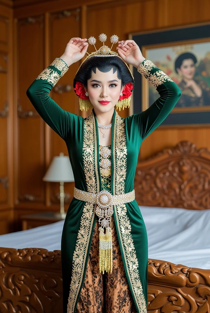 woman in traditional traditional Javanese dress. Green Javanese traditional batik sarong.  silver , cuffs, collar, NSFW_ Raise both your arms straight.  Raise both your armpits straight .  Above the head .  Show the texture of your armpits .  in front of the camera .  Armpit detail .  Smooth armpits . Good.  And nice . Seductive armpits . In the bedroom room . Intricately carved bed . °mix4 , 20d,hyper-realistic:1.37),16K HD