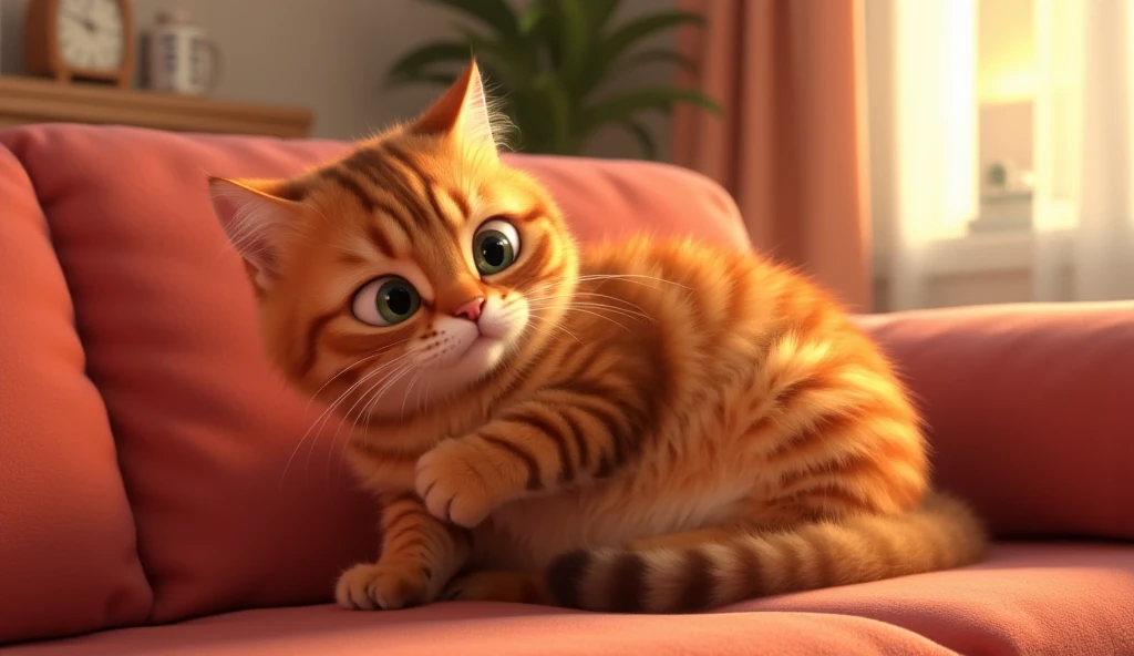 Pixar animated 3D image with vibrant color. Cute fat cat with dark orange fur with straight white stripes. Climbing the sofa in the living room. Situation inside the house.