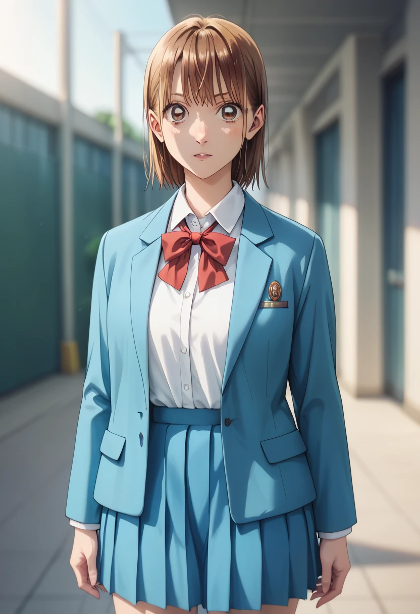 1girl, solo, Chinatsu, blurry background, chool uniform, white shirt, blue skirt, red ribbon, pleated skirt, blazer, blue jacket, looking at viewer, masterpiece, best quality, amazing quality, very aesthetic, absurdres