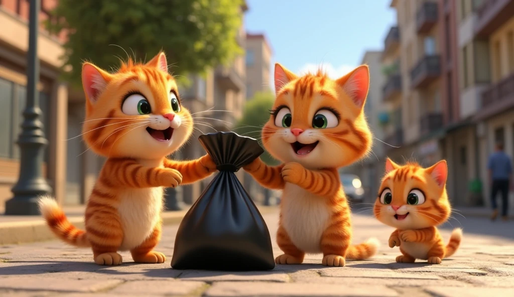 Pixar animated 3D image with vibrant color. Cute fat cat with dark orange fur with straight white stripes. Playing with a black plastic bag with his friends on the street.