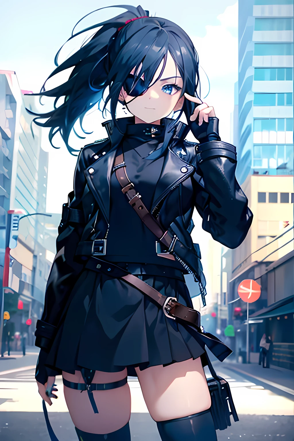  one woman、 Dark Blue Hair 、 ponytail hair、 blue eyes、Slanted Eyes、Eyepatch covering left eye、 black leather jacket、 navy blue miniskirt、Grin、Finger gun,  anime style、 Masterpiece。